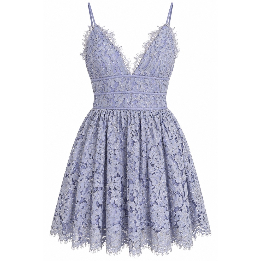 NBD Mini Dress S Periwinkle Metallic Lace Fairycore Coquette Wedding Guest